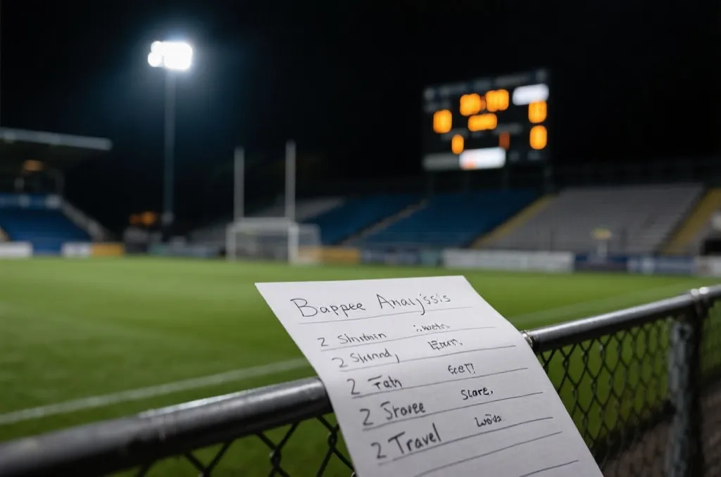 夜晚的足球场与记分牌特写，球迷手写比赛要点清单，氛围紧张克制