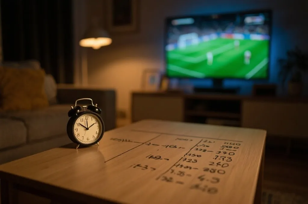 客厅夜间观赛场景，手写时间表与时区换算的生活化画面