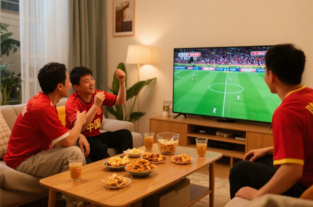 球迷在客厅通过大屏观看世界杯高清直播的温馨场景
